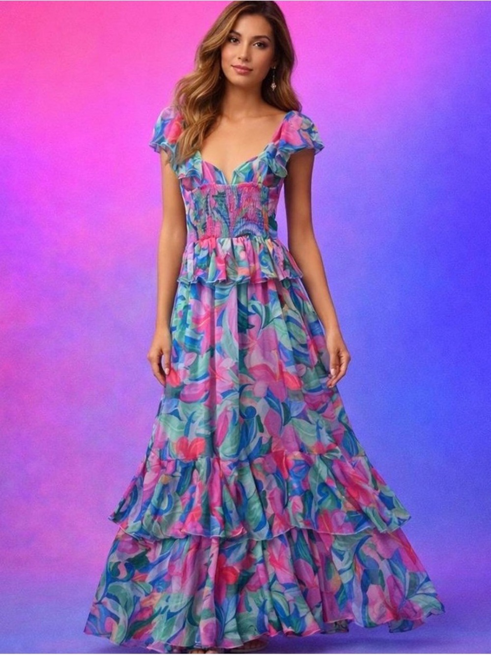 Show Me Your MuMu Blue Floral Reese Ruffle Maxi Dress | XXL